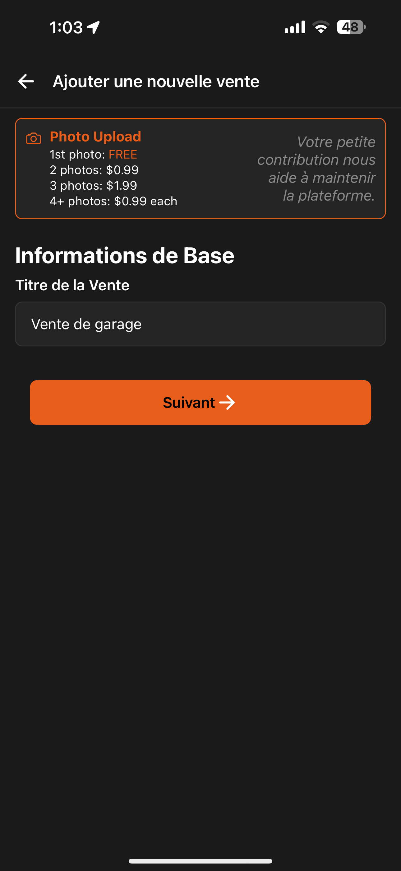 Interface de création de vente