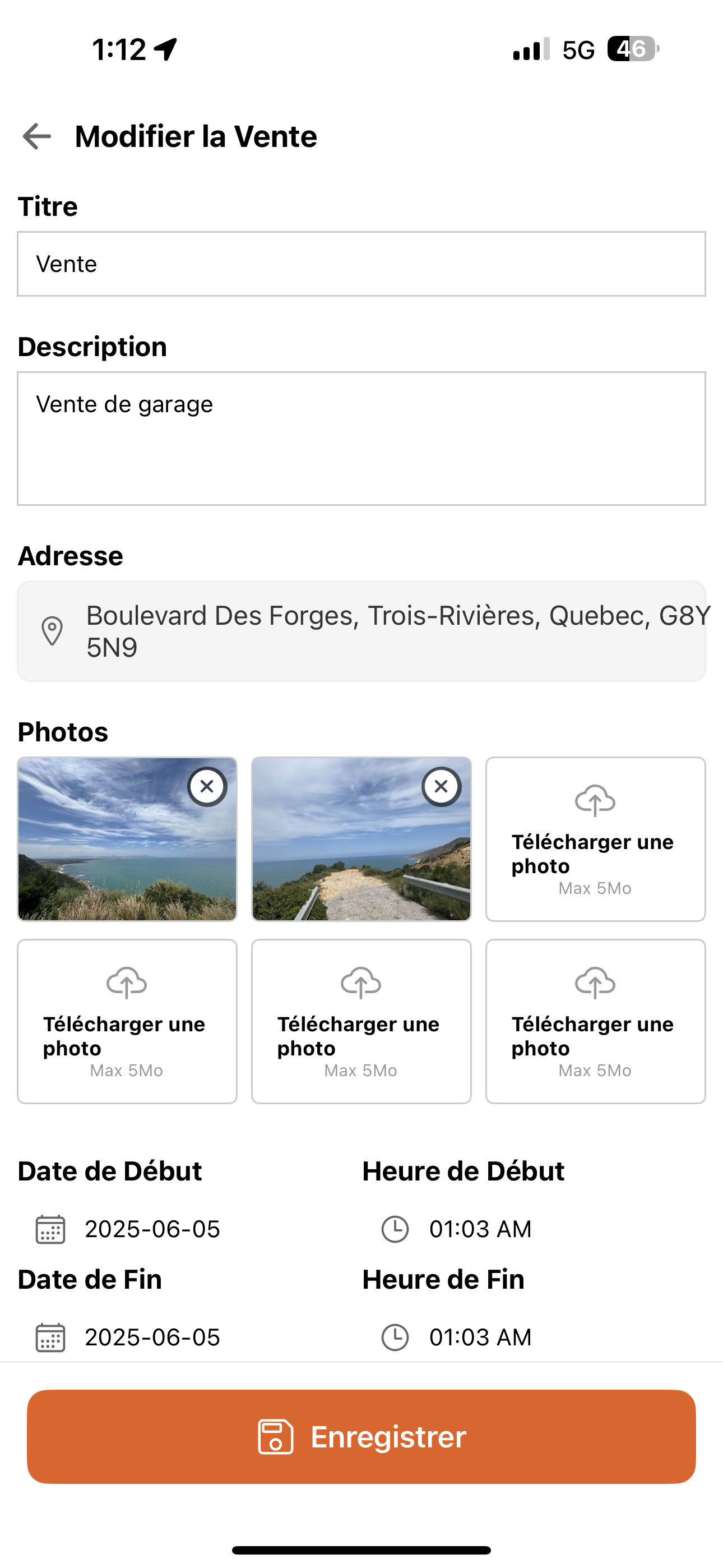 Interface de modification de vente