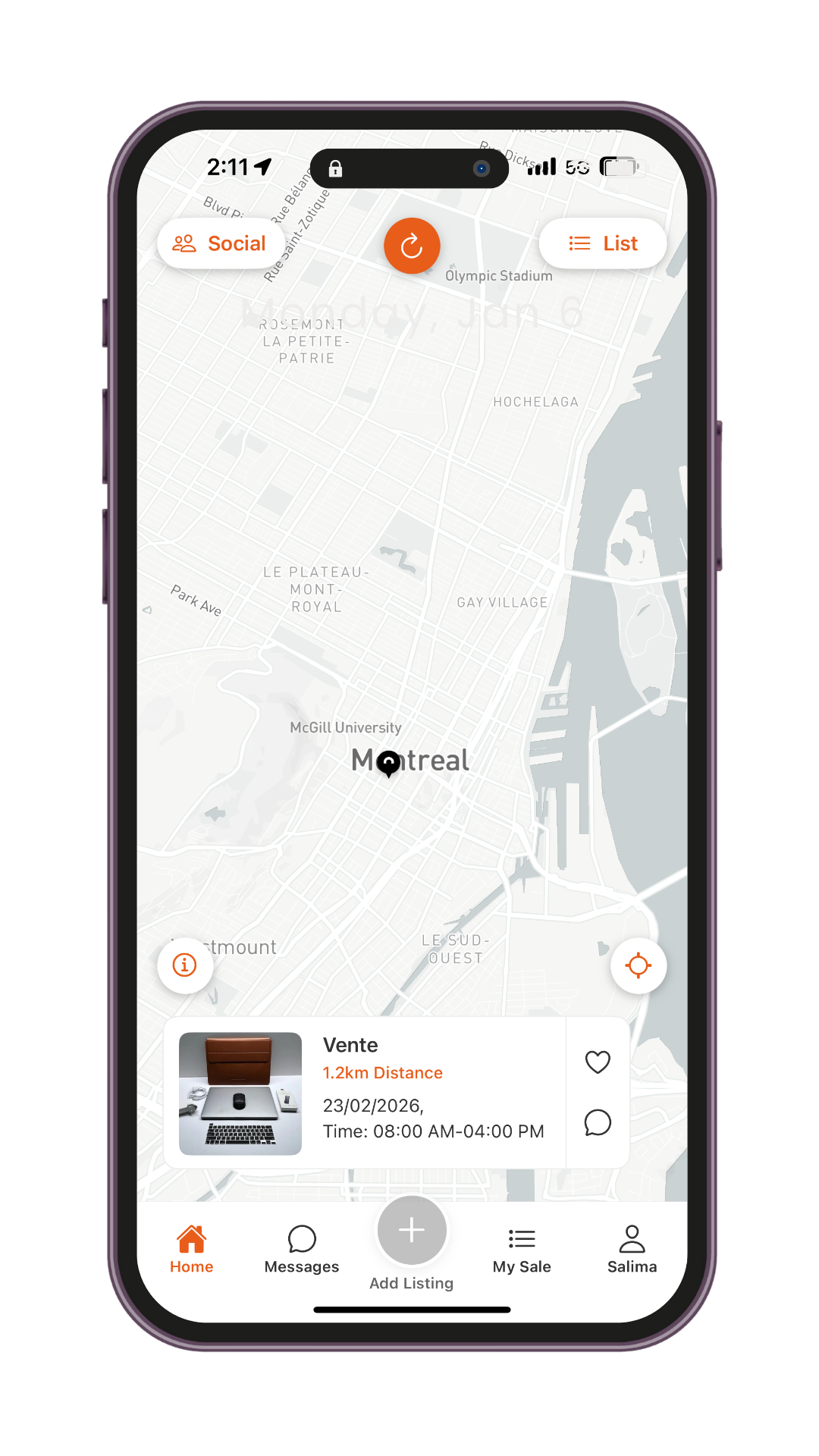 VentesDeGarage App Interface showing map